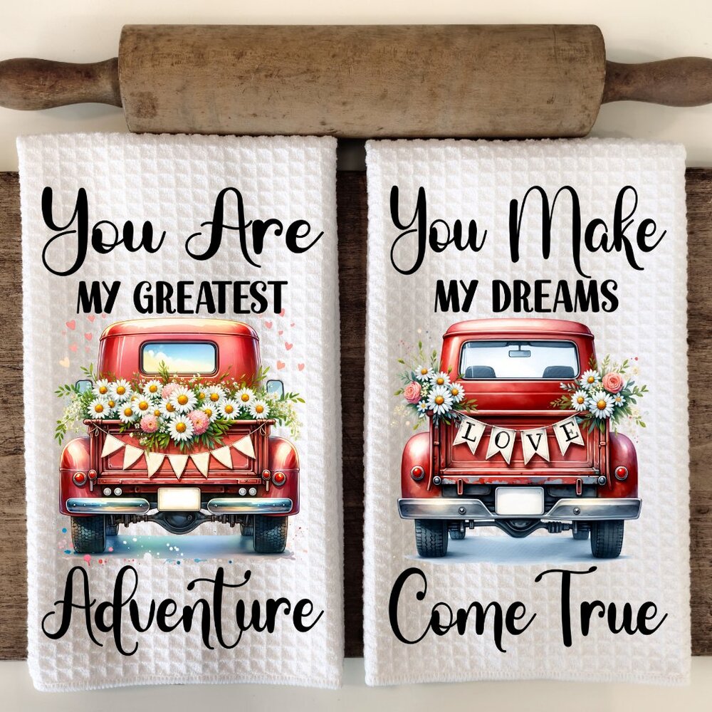 Red Truck Kitchen Towel Set, Floral Dish Towels, Couples Towel Set